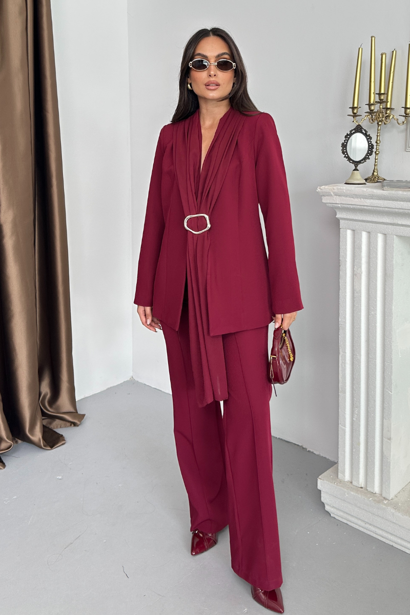 Kadın İkili Alt Üst Takım Şık Şal Yaka Tokalı Ceket Bol Paça Pantolon Takım