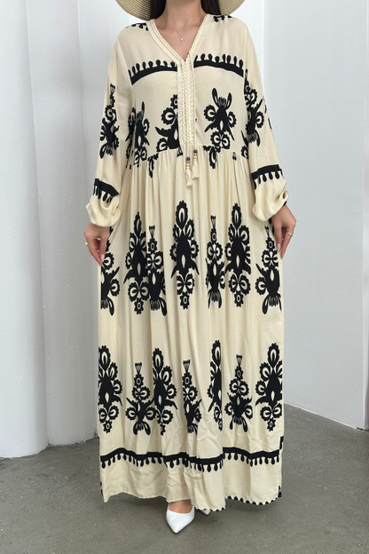 Kadın Elbise Uzun Yazlık Desenli V Yaka Tesettür Elbise