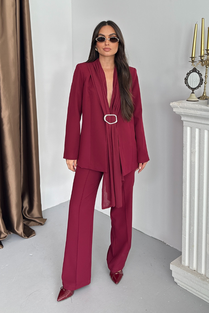 Kadın İkili Alt Üst Takım Şık Şal Yaka Tokalı Ceket Bol Paça Pantolon Takım