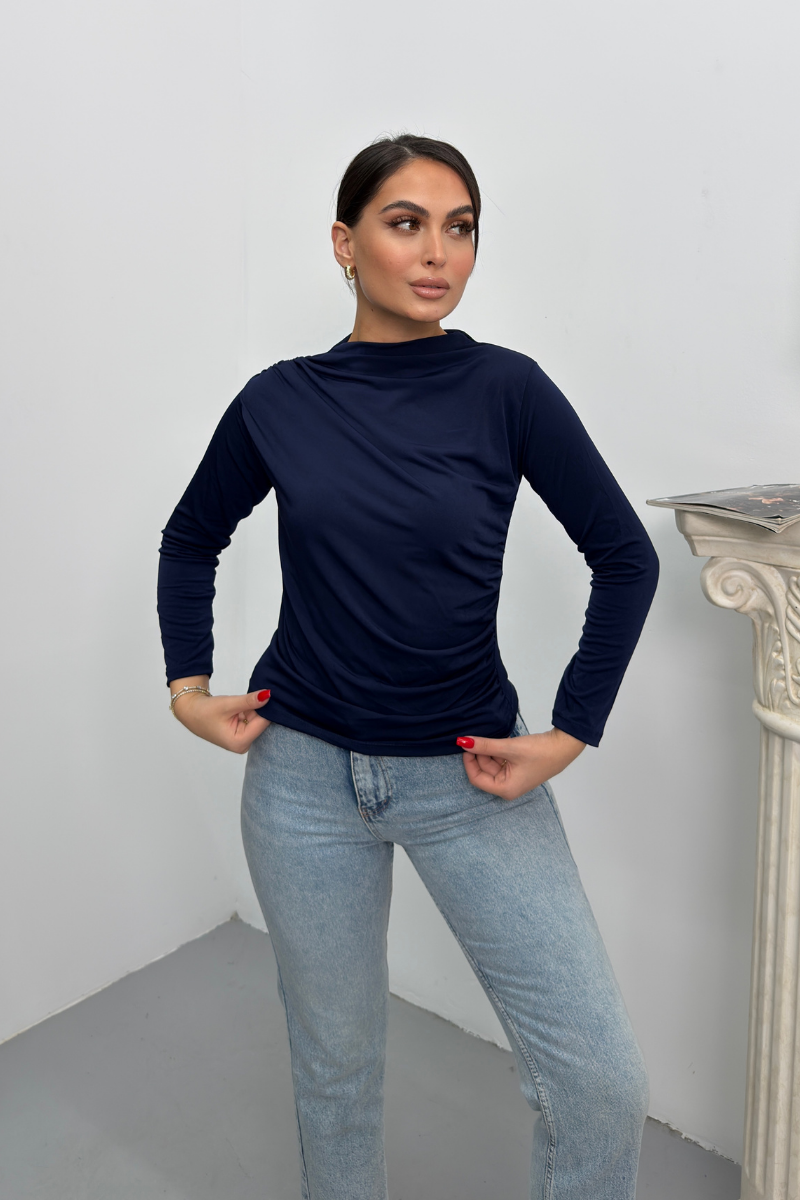 Kadın Bluz Drapeli Uzun Kollu Sandy Kumaş Yüksek Yakalı Likralı Bluz