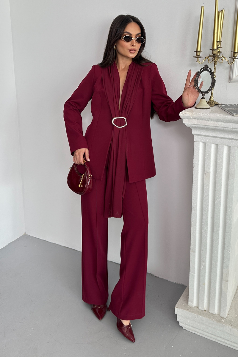 Kadın İkili Alt Üst Takım Şık Şal Yaka Tokalı Ceket Bol Paça Pantolon Takım