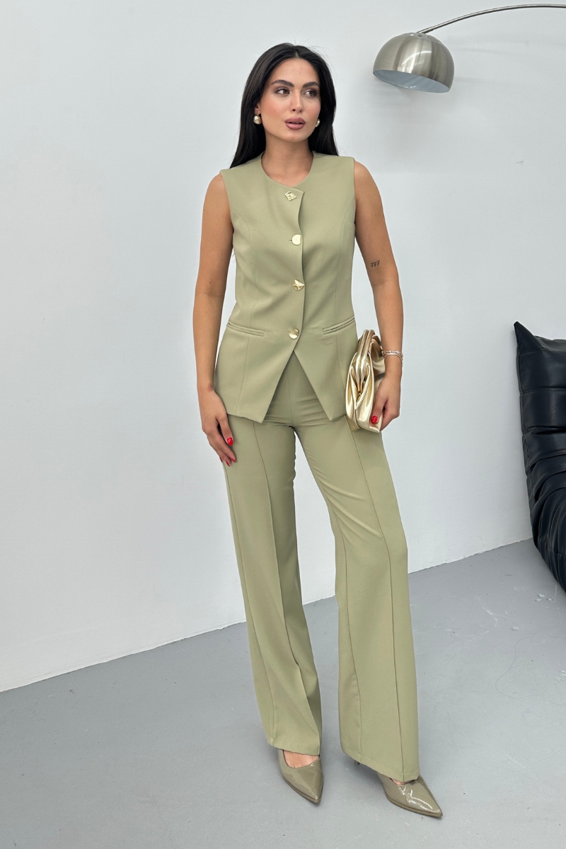 Kadın İkili Alt Üst Takım Şık Düğme Detaylı Bisiklet Yaka Regular Yelek Pantolon Takım
