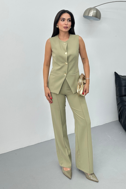 Kadın İkili Alt Üst Takım Şık Düğme Detaylı Bisiklet Yaka Regular Yelek Pantolon Takım