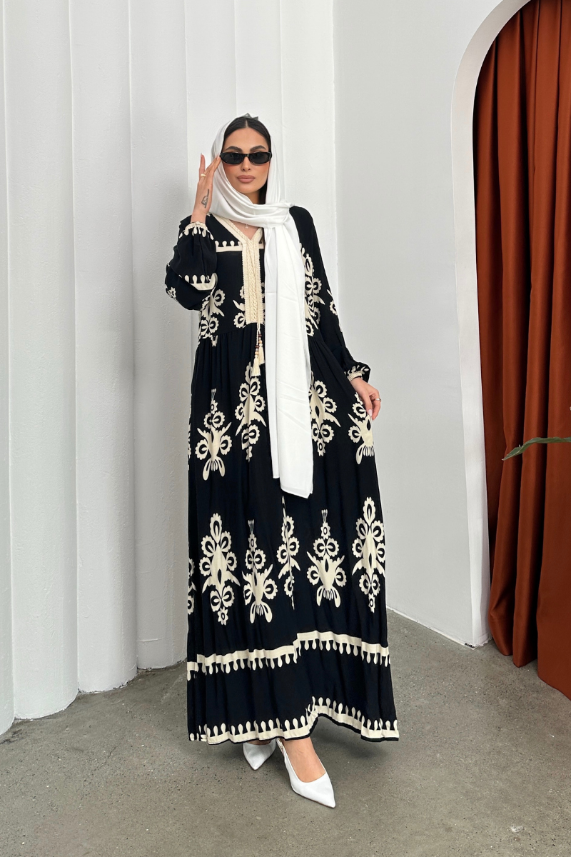 Kadın Elbise Uzun Yazlık Desenli V Yaka Tesettür Elbise