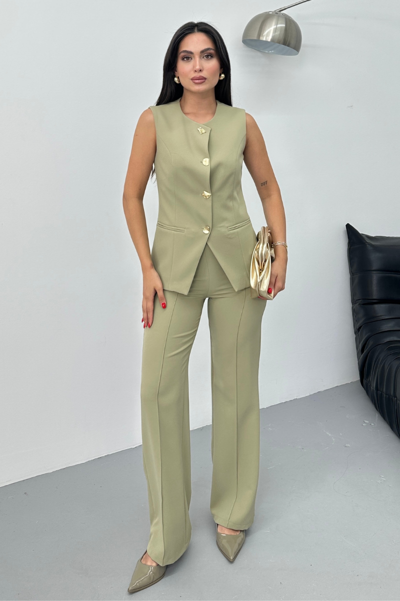 Kadın İkili Alt Üst Takım Şık Düğme Detaylı Bisiklet Yaka Regular Yelek Pantolon Takım