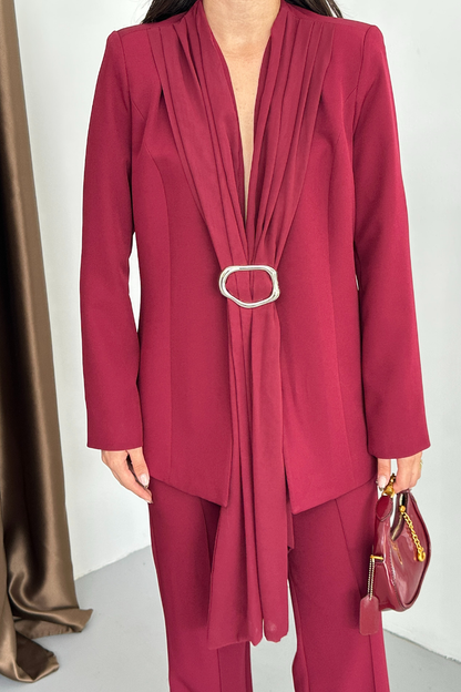 Kadın İkili Alt Üst Takım Şık Şal Yaka Tokalı Ceket Bol Paça Pantolon Takım