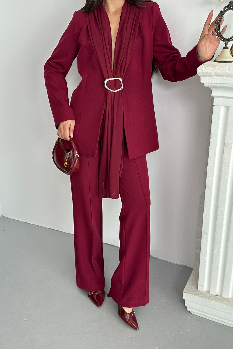 Kadın İkili Alt Üst Takım Şık Şal Yaka Tokalı Ceket Bol Paça Pantolon Takım