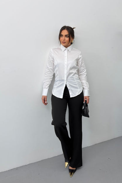 Kadın Gömlek %100 Pamuk Premium Saten Dokuma Uzun Kollu Düğmeli Kuplu Slim Fit Gömlek