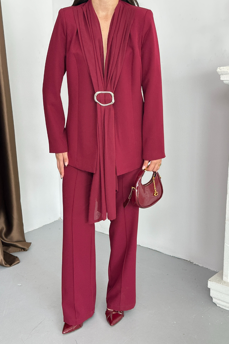 Kadın İkili Alt Üst Takım Şık Şal Yaka Tokalı Ceket Bol Paça Pantolon Takım