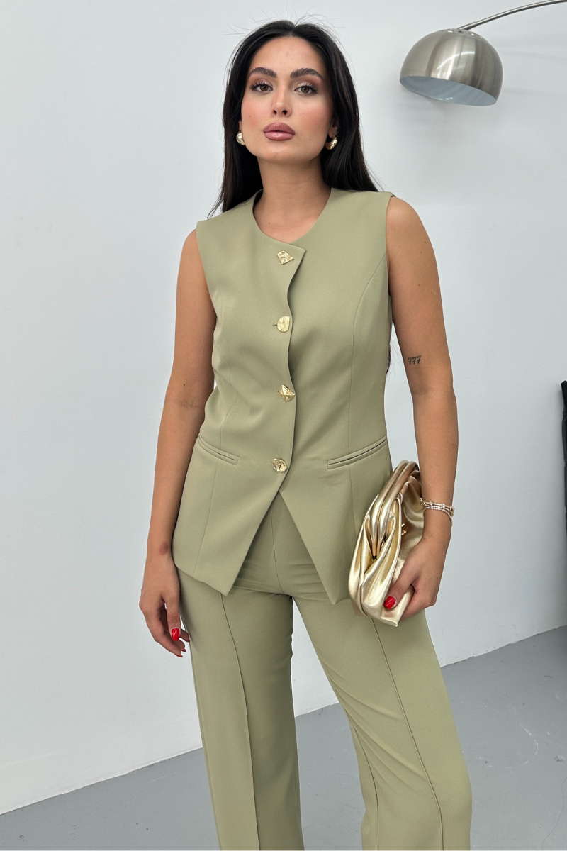 Kadın İkili Alt Üst Takım Şık Düğme Detaylı Bisiklet Yaka Regular Yelek Pantolon Takım