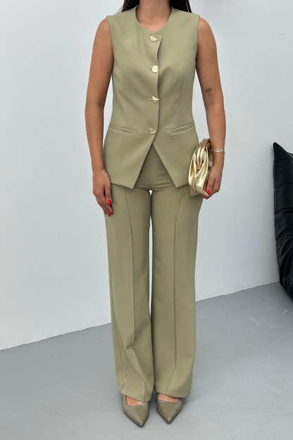 Kadın İkili Alt Üst Takım Şık Düğme Detaylı Bisiklet Yaka Regular Yelek Pantolon Takım
