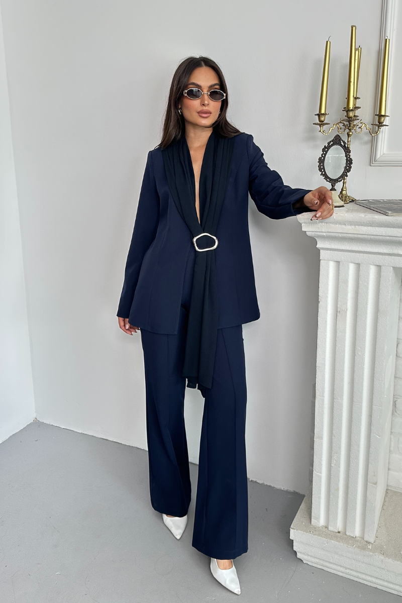 Kadın İkili Alt Üst Takım Şık Şal Yaka Tokalı Ceket Bol Paça Pantolon Takım