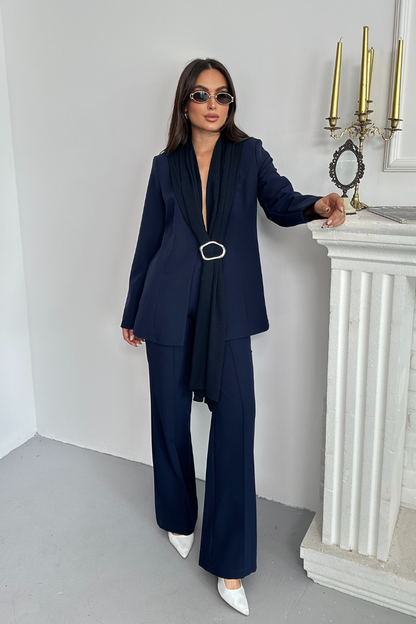 Kadın İkili Alt Üst Takım Şık Şal Yaka Tokalı Ceket Bol Paça Pantolon Takım