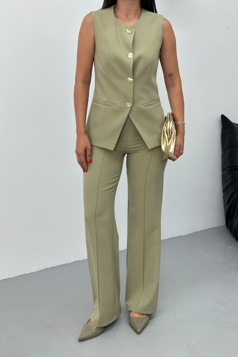 Kadın İkili Alt Üst Takım Şık Düğme Detaylı Bisiklet Yaka Regular Yelek Pantolon Takım