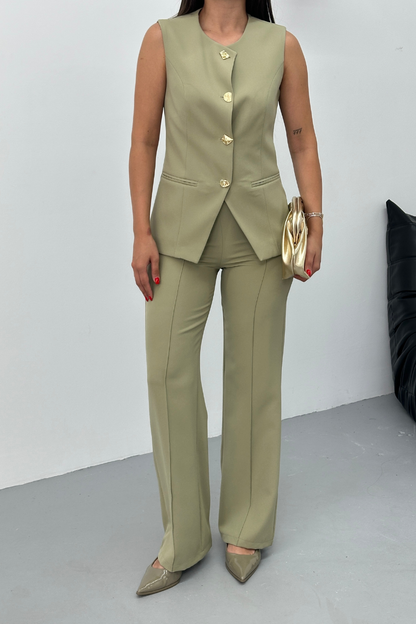 Kadın İkili Alt Üst Takım Şık Düğme Detaylı Bisiklet Yaka Regular Yelek Pantolon Takım