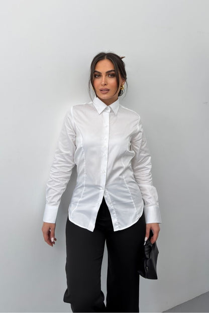 Kadın Gömlek %100 Pamuk Premium Saten Dokuma Uzun Kollu Düğmeli Kuplu Slim Fit Gömlek