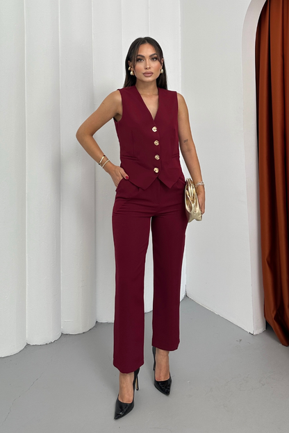 Kadın Alt Üst Takım Şık Gold Düğme Detaylı V Yaka Yelek Pantolon Takım