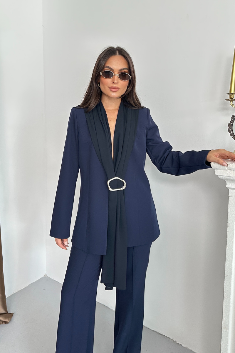 Kadın İkili Alt Üst Takım Şık Şal Yaka Tokalı Ceket Bol Paça Pantolon Takım