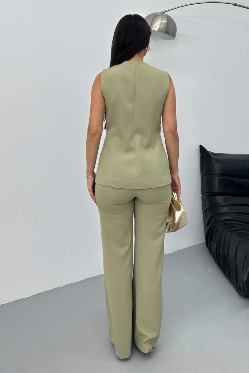 Kadın İkili Alt Üst Takım Şık Düğme Detaylı Bisiklet Yaka Regular Yelek Pantolon Takım