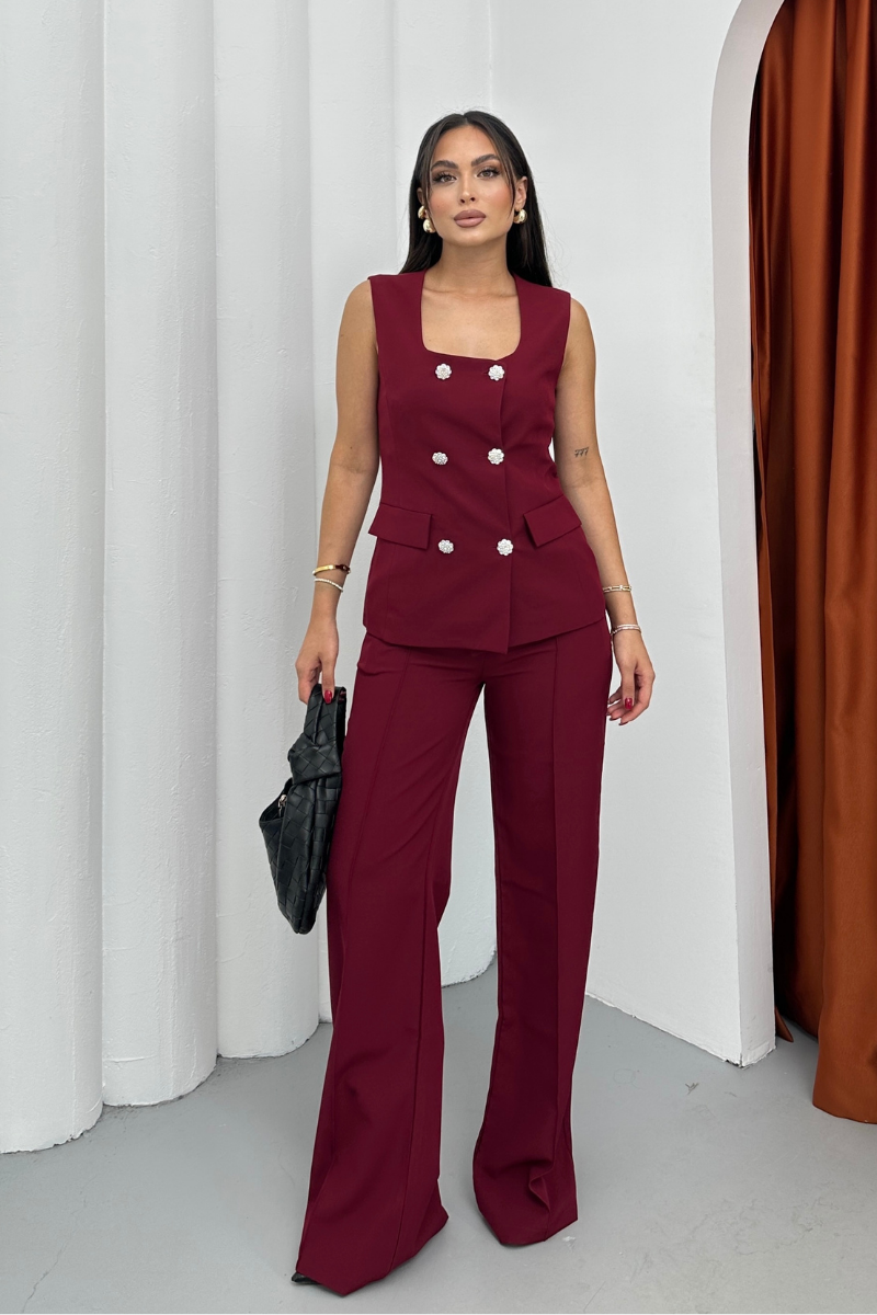 Kadın İkili Alt Üst Takım Şık Düğme Detaylı Kare Yaka Yelek Pantolon Takım