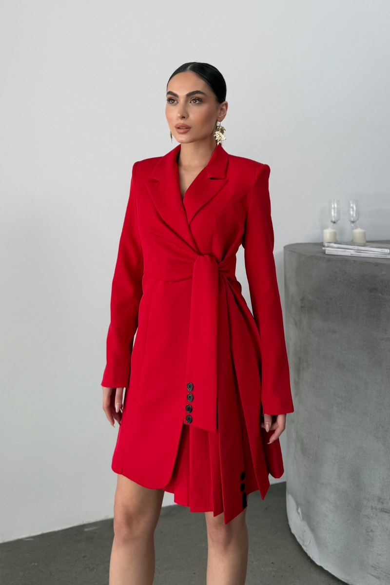 Kadın Elbise Mini Şık Uzun Kollu Kuşaklı Kruvaze Yaka Pileli Ceket Elbise