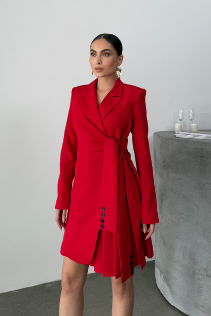 Kadın Elbise Mini Şık Uzun Kollu Kuşaklı Kruvaze Yaka Pileli Ceket Elbise