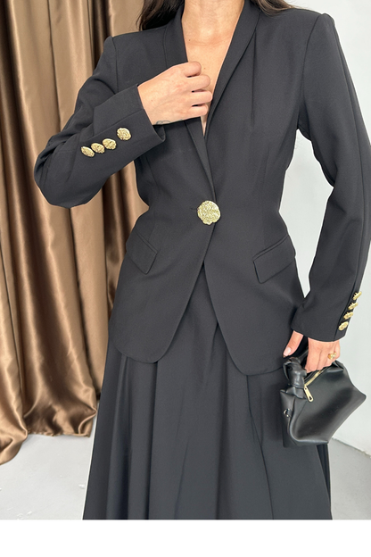 Kadın İkili Takım Şık Düğme Detaylı Dik Yaka Blazer Ceket Uzun Etek Takım