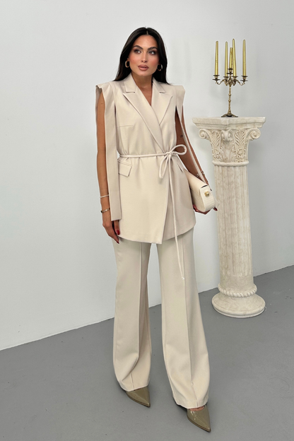 Kadın Alt Üst İkili Takım Omuz Detaylı Kuşaklı Yelek Pantolon Takım