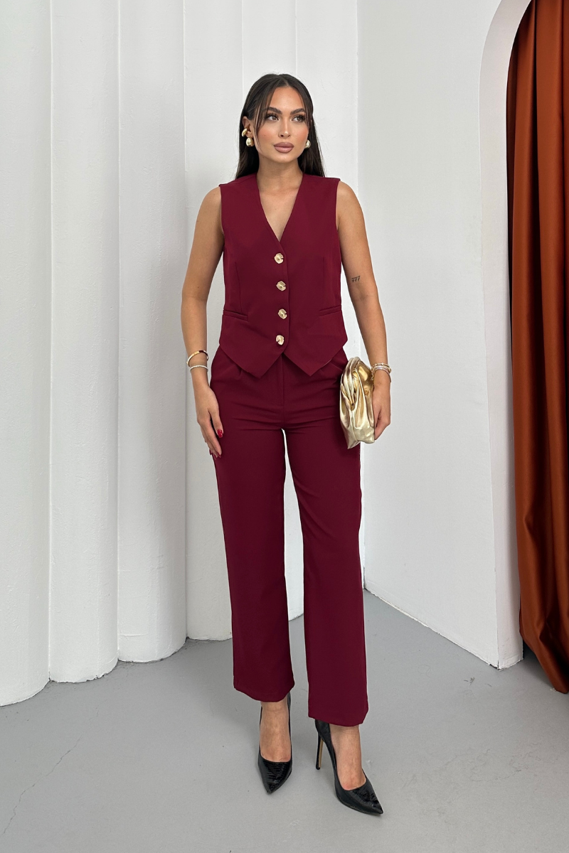 Kadın Alt Üst Takım Şık Gold Düğme Detaylı V Yaka Yelek Pantolon Takım