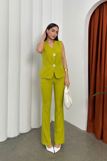 Kadın Alt Üst Takım Şık Düğme Detaylı Yelek Pantolon İkili Takım