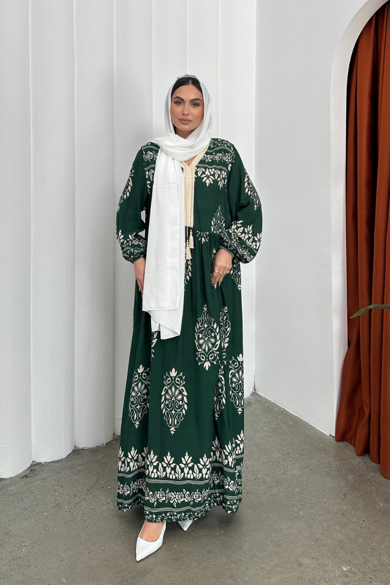 Kadın Elbise Uzun Yazlık Desenli V Yaka Tesettür Elbise