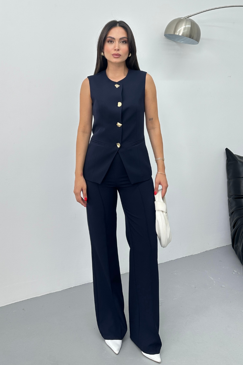 Kadın İkili Alt Üst Takım Şık Düğme Detaylı Bisiklet Yaka Regular Yelek Pantolon Takım