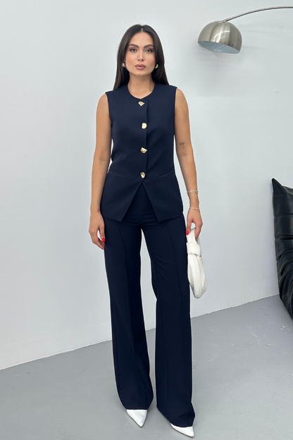 Kadın İkili Alt Üst Takım Şık Düğme Detaylı Bisiklet Yaka Regular Yelek Pantolon Takım