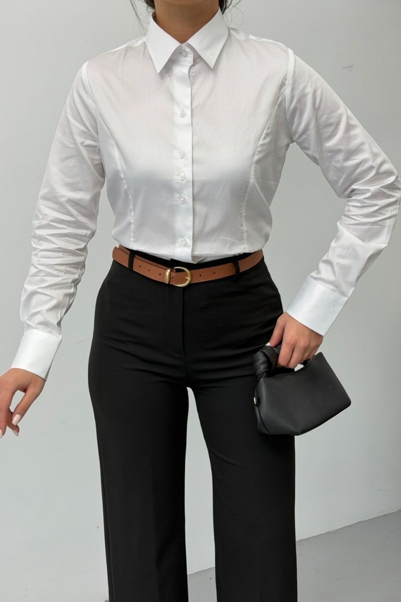 Kadın Gömlek %100 Pamuk Premium Saten Dokuma Uzun Kollu Düğmeli Kuplu Slim Fit Gömlek