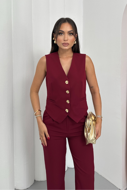 Kadın Alt Üst Takım Şık Gold Düğme Detaylı V Yaka Yelek Pantolon Takım
