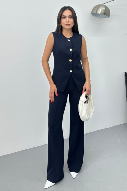 Kadın İkili Alt Üst Takım Şık Düğme Detaylı Bisiklet Yaka Regular Yelek Pantolon Takım