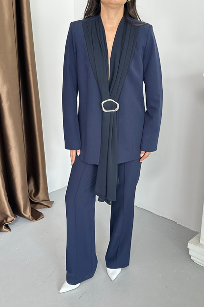 Kadın İkili Alt Üst Takım Şık Şal Yaka Tokalı Ceket Bol Paça Pantolon Takım
