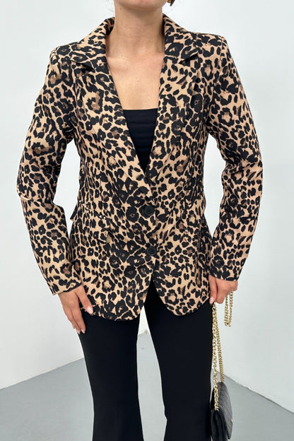 Kadın Blazer Ceket Leopar Desenli Kısa Düğmeli Astarlı Vatkalı Ceket