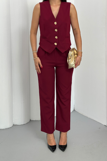 Kadın Alt Üst Takım Şık Gold Düğme Detaylı V Yaka Yelek Pantolon Takım