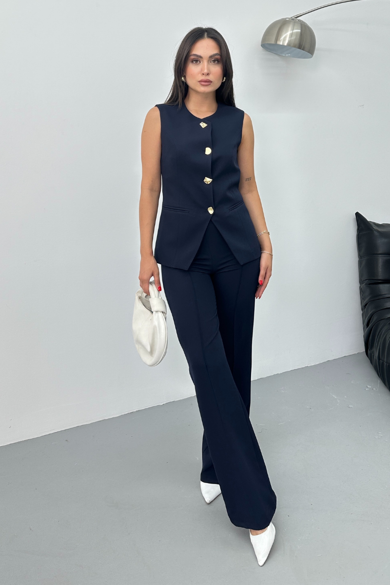 Kadın İkili Alt Üst Takım Şık Düğme Detaylı Bisiklet Yaka Regular Yelek Pantolon Takım
