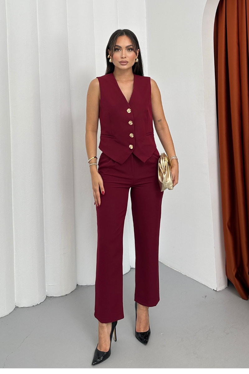 Kadın Alt Üst Takım Şık Gold Düğme Detaylı V Yaka Yelek Pantolon Takım