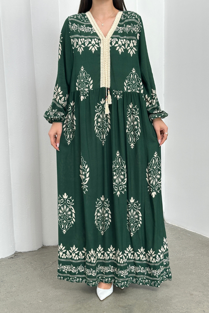 Kadın Elbise Uzun Yazlık Desenli V Yaka Tesettür Elbise