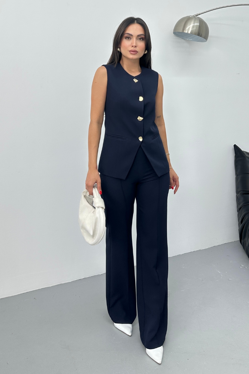 Kadın İkili Alt Üst Takım Şık Düğme Detaylı Bisiklet Yaka Regular Yelek Pantolon Takım