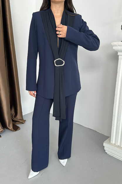 Kadın İkili Alt Üst Takım Şık Şal Yaka Tokalı Ceket Bol Paça Pantolon Takım