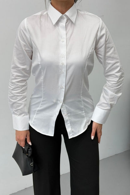 Kadın Gömlek %100 Pamuk Premium Saten Dokuma Uzun Kollu Düğmeli Kuplu Slim Fit Gömlek