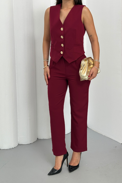 Kadın Alt Üst Takım Şık Gold Düğme Detaylı V Yaka Yelek Pantolon Takım