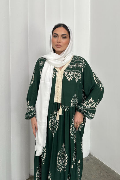 Kadın Elbise Uzun Yazlık Desenli V Yaka Tesettür Elbise