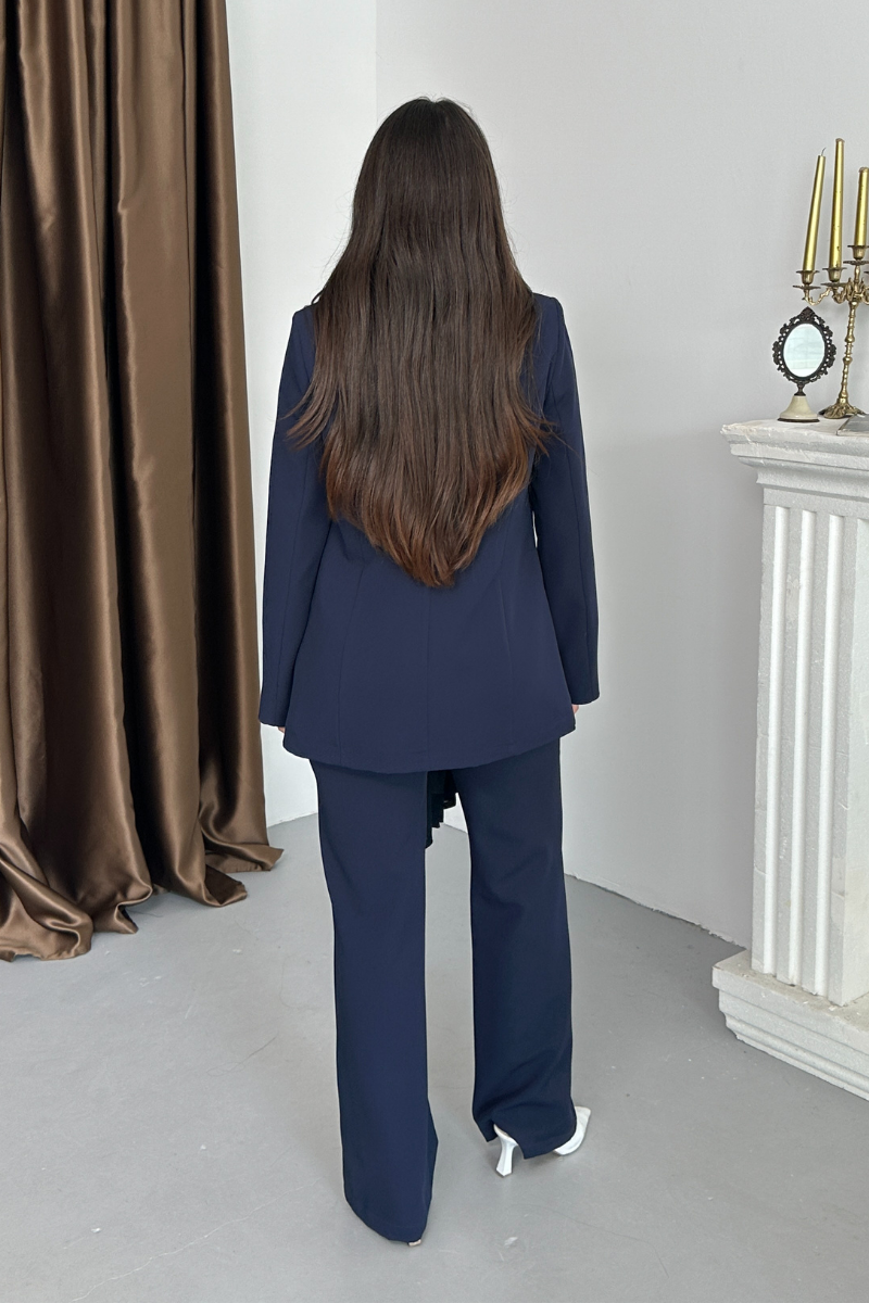 Kadın İkili Alt Üst Takım Şık Şal Yaka Tokalı Ceket Bol Paça Pantolon Takım