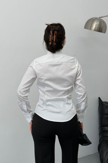 Kadın Gömlek %100 Pamuk Premium Saten Dokuma Uzun Kollu Düğmeli Kuplu Slim Fit Gömlek