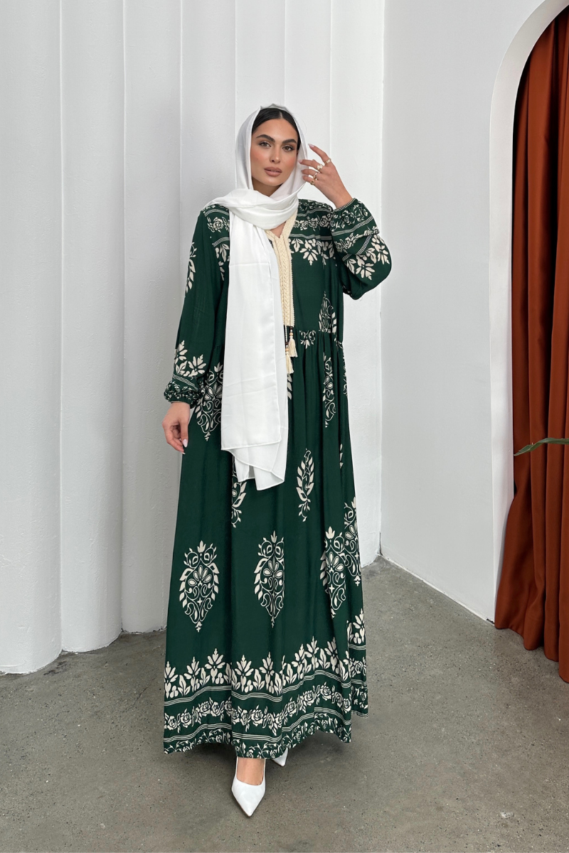 Kadın Elbise Uzun Yazlık Desenli V Yaka Tesettür Elbise